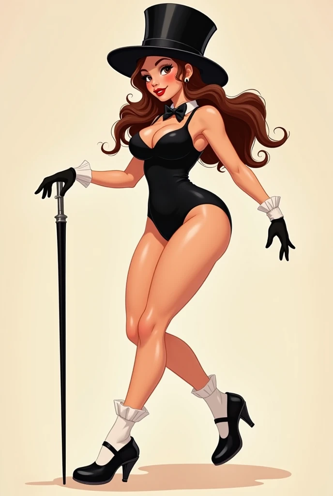 Young woman, Curvy body, Big breasts, average thighs, lean body, smile, brunette, black leotard, black bow tie with a white collar around her neck, Brown eyes, black hair, long hair, lips, makeup, simple back ground, sexy cartoon, black Mary Jane tap shoes...