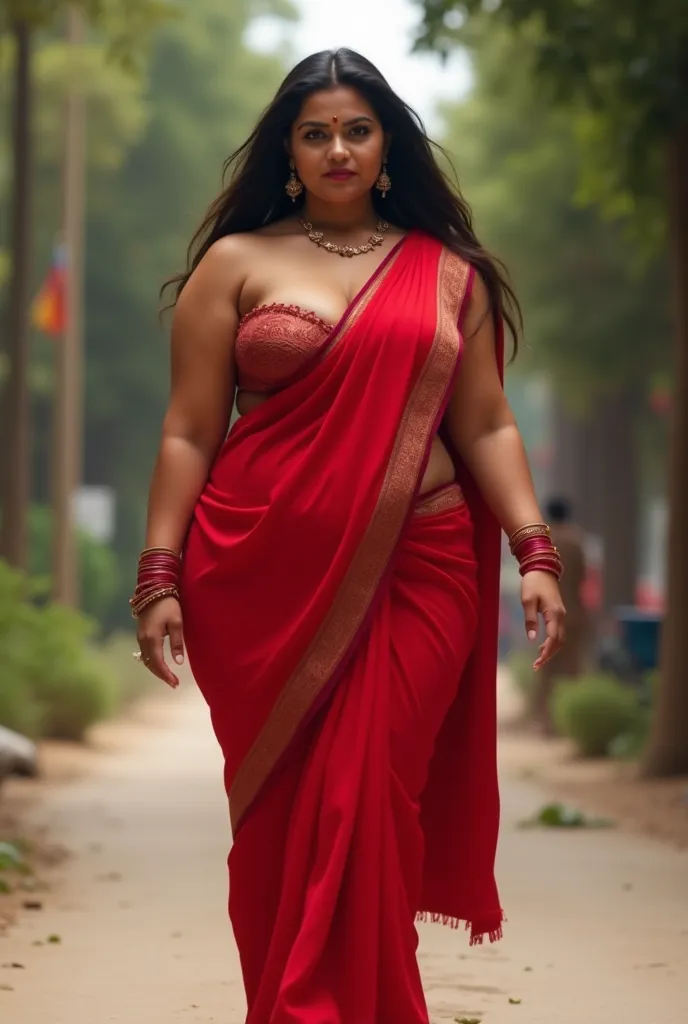      A milf chubby curvy figure voluptuous well proportioned figure married nepali beautiful woman wearing red sindur  wearing red saree and strapless bra  walking 