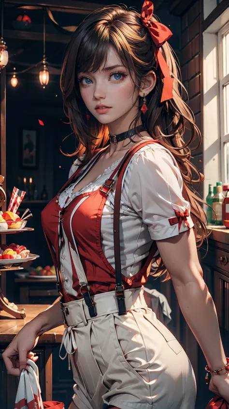  top quality, Candy,  masterpiece,  1 girl, Alone,  Tiny Breasts , cowboy shot,  suspenders, red shirts,  black ribbon、 choker