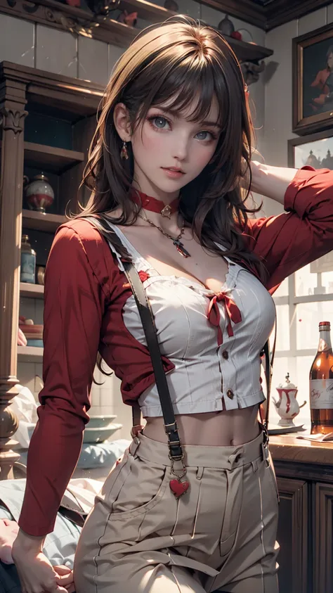  top quality, Candy,  masterpiece,  1 girl, Alone,  Tiny Breasts , cowboy shot,  suspenders, red shirts,  black ribbon、 choker