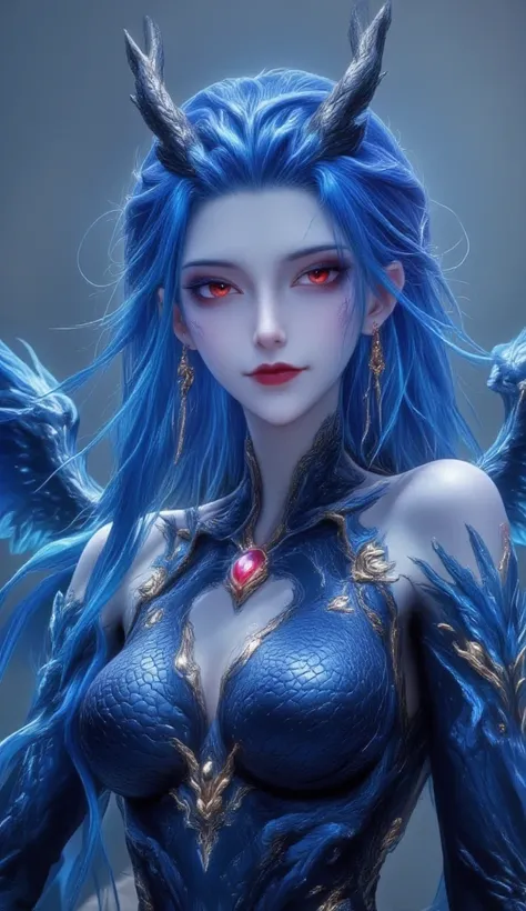 The image depicts a fantastical, beautifully illustrated female character with a dragon-like appearance. She has striking, long blue hair that cascades down her shoulders and back. Her skin is pale, and she has a serene expression on her face with a slight...