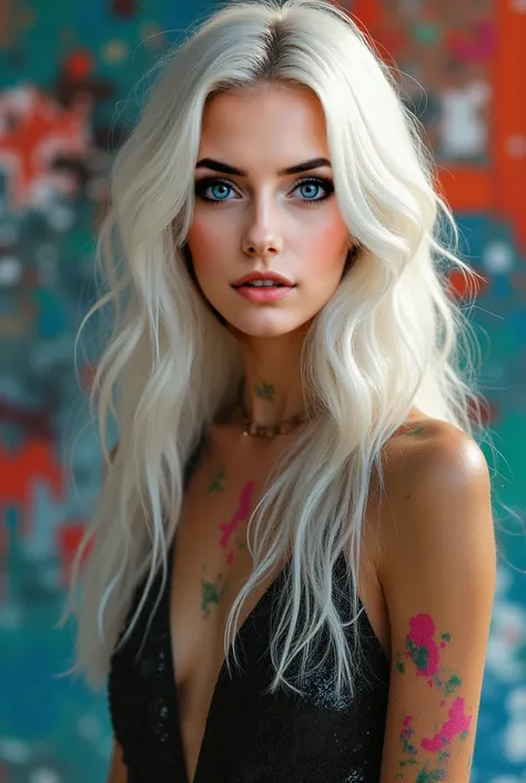 A beautiful Instagram model with long white hair and green eyes, painting a bold abstract piece on a large canvas, her hands covered in vibrant paint.