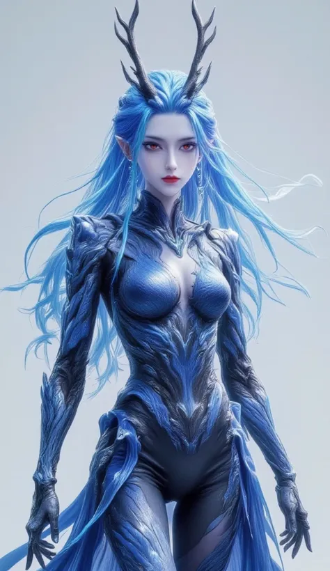 The image depicts a person with long, flowing blue hair and a unique headpiece that resembles antlers. They are wearing an elaborate, form-fitting outfit that is predominantly blue, with a high slit and intricate details. The outfit features a mix of textu...