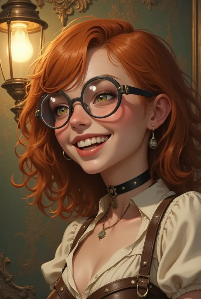 Close-up portrait of a laughing girl in the steampunk art style.The body is turned in profile. The head is turned towards the viewer. A glance to the side. Curly elastic red hair. Very light, transparent olive eyes. Long fluffy eyelashes. A wide, beautiful...