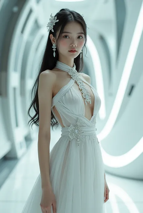 Asian princess wearing elegant white futuristic dress 