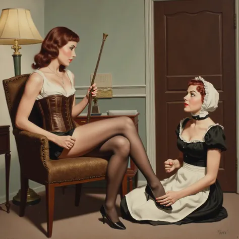 A confident dominant woman in a corset, stockings, and heels, sitting on a chair with legs crossed, holding a riding crop, while a submissive woman kneels at her feet in a maid's uniform wearing headscarf, looking up adoringly, vintage pinup style.
1950s s...