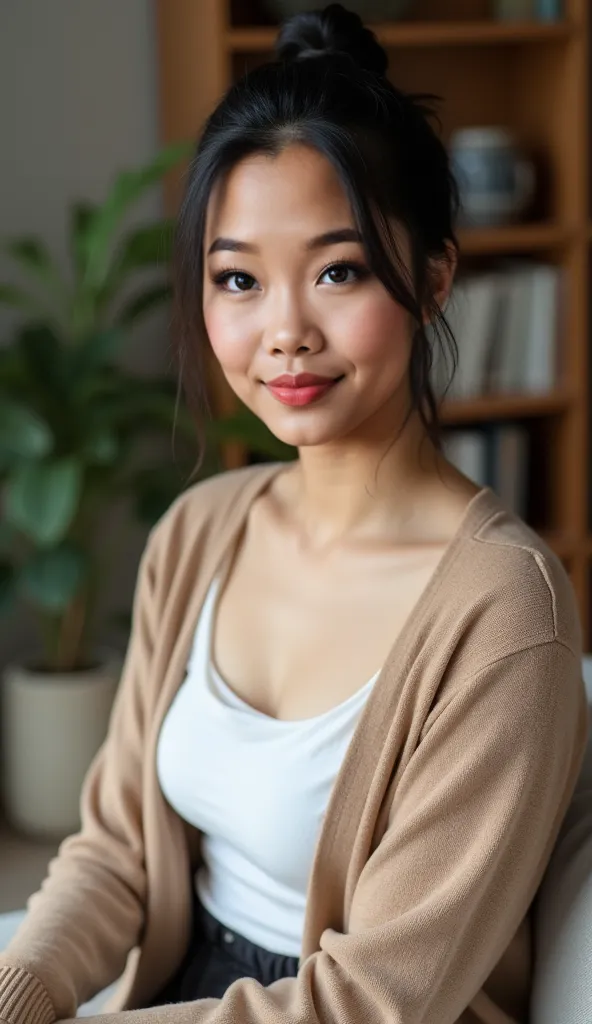 ultra realistic smartphone portrait photo (iphone 16 pro max) of a South East Asian woman Sat in her living room (looking directly at the camera). The image has the vivid colour and sharp focus of a typical smartphone camera photo. Her smooth, warm beige s...