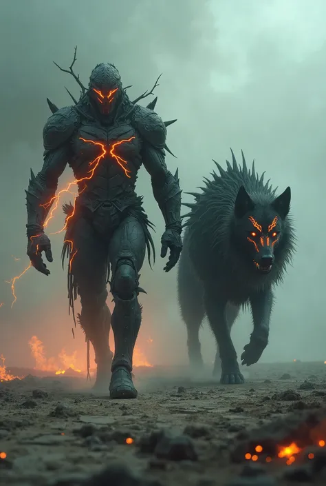  a humanoid monster in dark armor with lines of fire walks on a wasteland with fog, A huge black monster dog with lines of fire on its body walks next to it