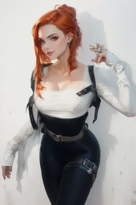 there is a woman with red hair and a white shirt posing, amouranth, amouranth as a super villain, better known as amouranth, triss merigold cosplay, katarina from league of legends, young beautiful amouranth, loba andrade from apex legends, lovely brigitte...