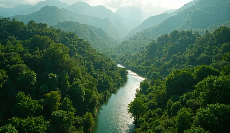 Breathtaking drone view of the jungle of Peru. Lush vegetation. River beds. Beautiful nature