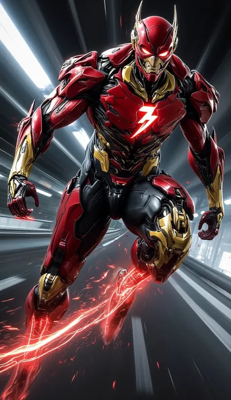 "Cyborg version of the Flash with a streamlined, futuristic suit in vibrant red with gold metallic details. His legs and arms have biomechanical implants that glow with red energy, indicating extreme speed. The lightning bolt symbol on his chest is compose...