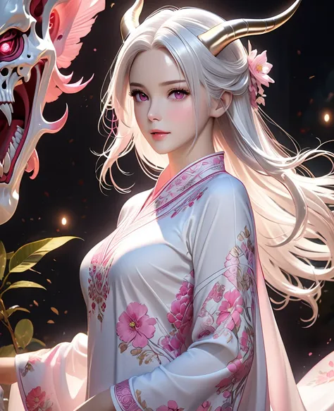 ((best quality)), ((artwork)), ((extremely detailed face)), ((perfect lighting)), ((extremely detailed CG)), ((perfect hands, perfect anatomy)) Woman. Short. Pale. Slim. Pretty face. Very long silky white hair. Dark pink eyes. Two small curved horns. Wears...