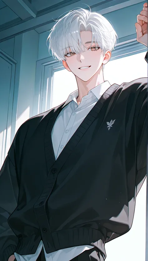 4k , 8k , (1male short white hair withoutbangs brown eyes) , ผู้ใหญ่ ,หล่อ, ชายอายุ 25 ปี, livingroom environment , little smile , with dark cardigan color , sunshine , novel , manhwa , handsome man , very details , good focus , hair details , very anime e...