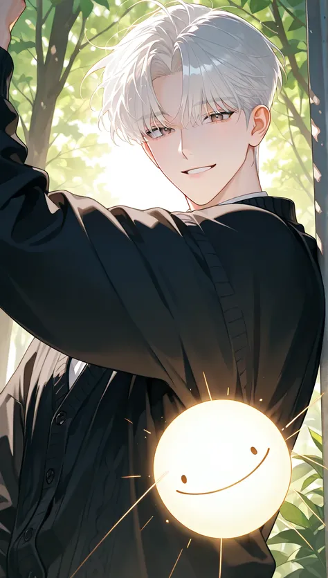 4k , 8k , (1male short white hair withoutbangs brown eyes) , ผู้ใหญ่ ,หล่อ, ชายอายุ 25 ปี, livingroom environment , little smile , with dark cardigan color , sunshine , novel , manhwa , handsome man , very details , good focus , hair details , very anime e...