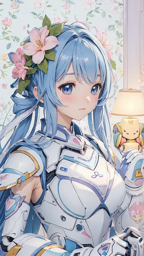 ( masterpiece、 top quality、 Super Quality 、 beautiful beautiful:1.2)、Super cute girl 3DMM robot 、flowerのような髪、 laminated sleeveless armor、 pop pastel colors、cure、 warm atmosphere 、flower々Surrounded by、 side lights、8k、 wallpaper