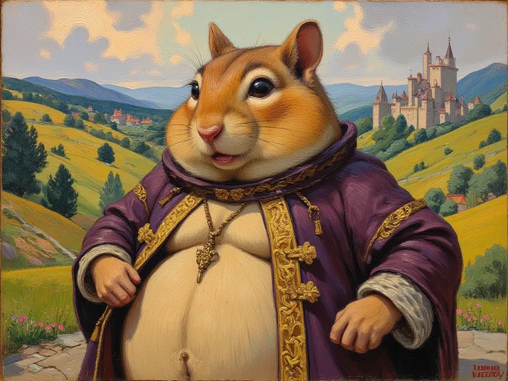 Extremely fat chipmunk in monk robes, medieval, impressionist painting, cute, derpy