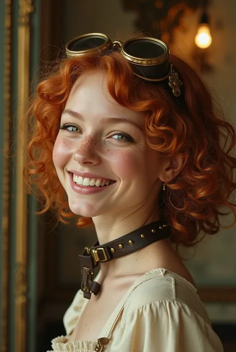 Close-up portrait of a laughing girl in steampunk style.The body is turned in profile. The head is turned towards the viewer. A glance to the side. Curly elastic red hair. Very light, transparent olive eyes. Long fluffy eyelashes. A wide, beautiful smile, ...