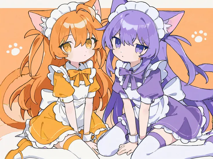two cat girls with ears and tails. They're sitting next to each other. Both have long hair, are very short, and have a pretty. One has yellow-orange hair, yellow-orange eyes, and a yellow-orange maid costume with stockings. The other has purple hair, purpl...