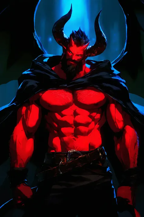 1 boy,male focus,solo,demon,head tilt,belt,cape,hood down,muscular,handsome,manly,mature,beard,red skin,horn,bat wings,nipples,hairy,demon tail,veiny arms,fantasy,night,dark theme,masterpiece,very awa,best quality