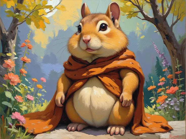 Extremely fat chipmunk in monk robes, impressionist painting, cute, derpy