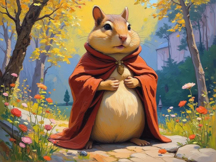 Extremely fat chipmunk in monk robes, impressionist painting, cute, derpy