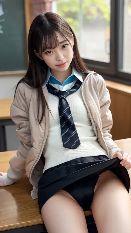 (   top quality,4K,   high image quality ,  completely naked on the table under the jacket :1.2),Idol and (  torn shirt 、  school uniform)A one-of-a-kind masterpiece 、 Award-winning work 、、    sitting in a chair 、   Please open your legs a little 、classroo...