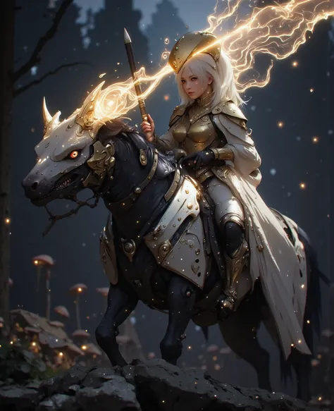 A silver-haired elf queen stands astride a primal spirit dragon, captured in a dramatic cowboy shot angle that emphasizes her poised stance and flowing armor. The dragon's antlered head unleashes a spiraling beam of celestial light, the energy stream fract...