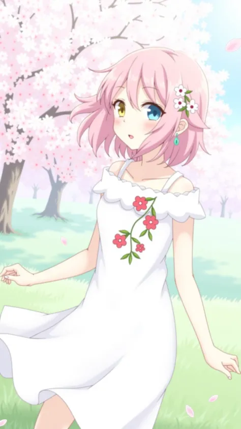 art by Cornflower, dreamer, cherry blossoms_blossoms, Drop_ petals,  petals, branch, Rosa_flower,  girl,20 years, green_null, spring_(seasand),  petals_and_liquid, flower, Cherry Blossom Viewing,  dress, (Landg blandd curly hair：1.5),Wearing a wreandh,null...