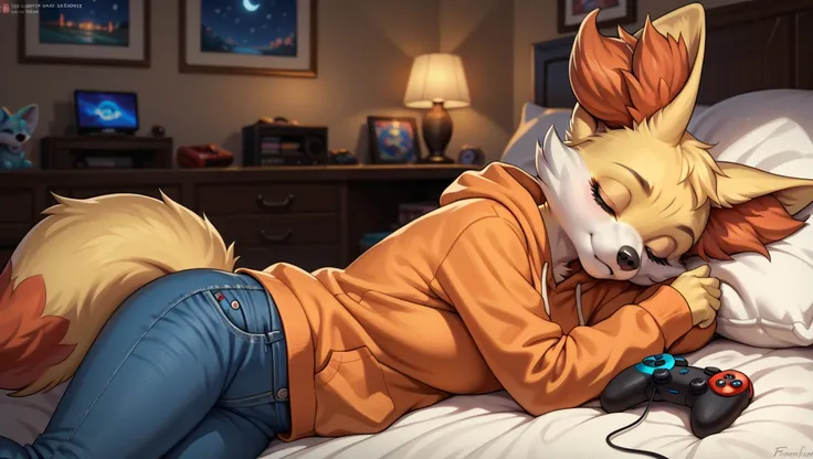 furry, solo, female anthro Fennekin, Fennekin, fluffy, detailed fluffy fur, wearing orange sweatshirt and jeans, sleep, high resolution, best quality, closed eyes, night time, cozy room background, sleeping on a bed, closed mouth, gaming controller nearby 