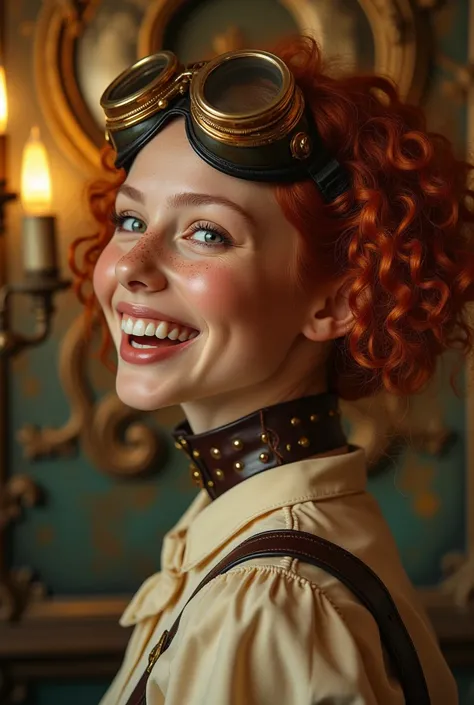 Close-up portrait of a laughing girl in steampunk style.The body is turned in profile. The head is turned towards the viewer. A glance to the side. Curly elastic red hair. Very light, transparent olive eyes. Long fluffy eyelashes. Wide, beautiful smile, la...