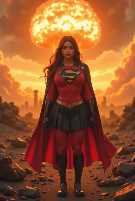 (INCREDIBLE DETAILS AND TEXTURES. [!!Nuclear POWERED Supergirl!!] A powerful young GIRL stands defiantly in a post-apocalyptic landscape, her RED NUCLEAR RADIATION INFUSED candy apple red leotard gleaming against the burnt orange sky. The black 'S' emblem ...