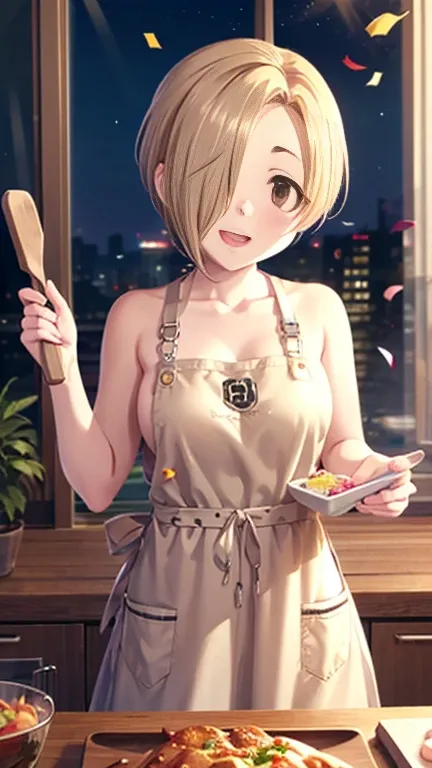  top quality, 1 girl, Shirasaka Koume,  blonde hair ,  hair to hide one eye ,  short hair,  brown eyes ,  file,( masterpiece,  top quality,  cute anime loffy girl making dinner at home at night, Amazing Confetti , :d, nude apron,