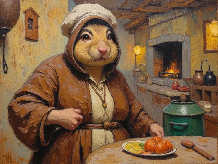 Extremely fat chipmunk in monk robes, wearing shirt, impressionist painting, cute, derpy, cooking in medieval kitchen, chef’s hat