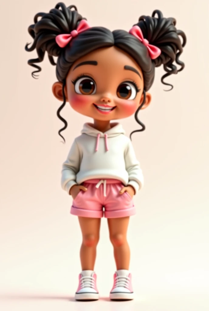 crie um cartoon,3D of a  ,light skin, brown eyes ,  two curly bows on her head  ,  tie her loose and curly hair on the back too ,  brown eyes ,  a white sweatshirt shorts  , e um cropped de manga rosa,  a white all-star on her feet ,  and a smile on her fa...