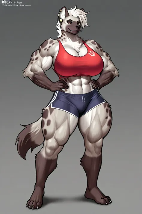 Species: Anthro hyena woman, Puerto Rican descent  
Gender: female 
Physique: Extremely muscular, thick, and curvy; tank-like build  
Height: 10 tall  
Weight: 800 lbs  
Fur: Thick, dense
Genitalia: female 
Accessories: Multiple piercings (ears, nose, etc....