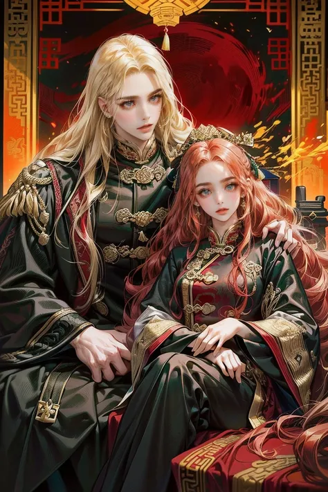  digital art ,1girl and 1man、((The woman has long wavy red hair and a crimson coat richly decorated with green eyes))、((The man has long blond hair and golden eyes and is wearing a simple black coat in ancient Chinese style )),、((The skin is not exposed))、...