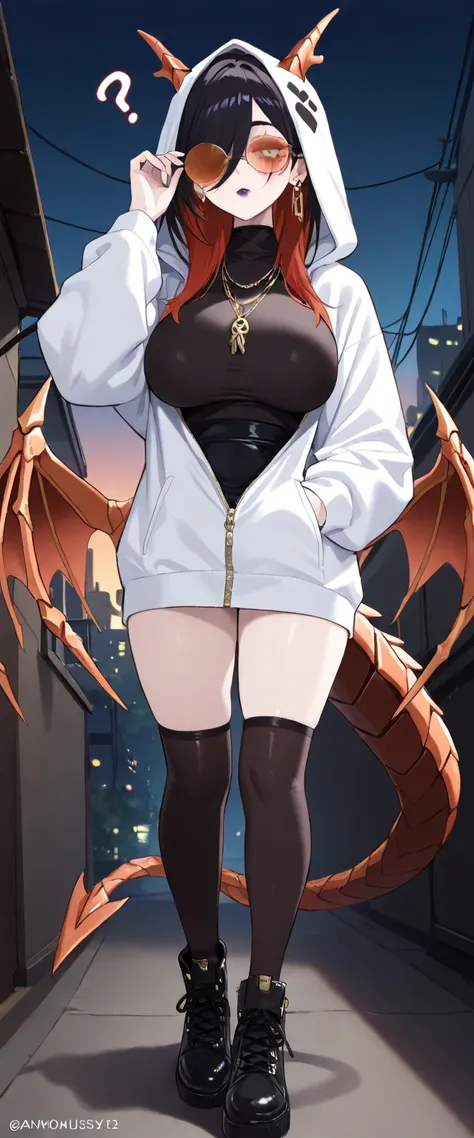 A dragon girl, dressed in an emo nurse outfit , With emo dragon skeletal wings and emo dragon skeletal tail , Full body , and two eyeglass lenses sewn into the white mask on the hood, a detailed painting by Jin Homura, pixiv, what is that?, highly detailed...