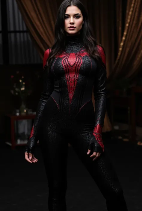 A woman wore extremely skin tight gothic dark Spidey suit made up of a luxurious plush velvet-leather, showcasing its rich texture and deep, opulent color. The fabric appears soft and inviting, with a subtle sheen that catches the light, highlighting its i...