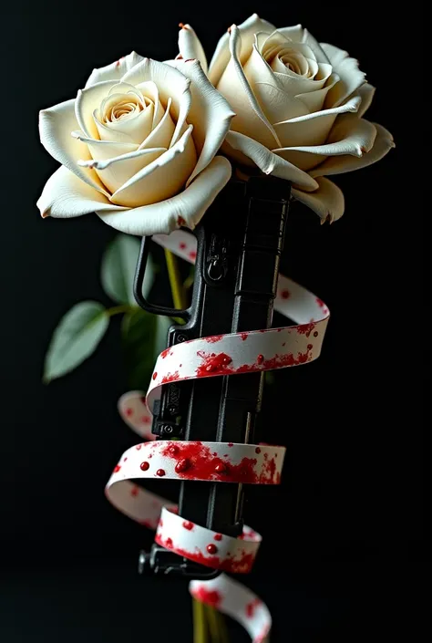 White bloodstained roses with a gun wrapped around a white bloody ribbon in gothic style with blood dripping