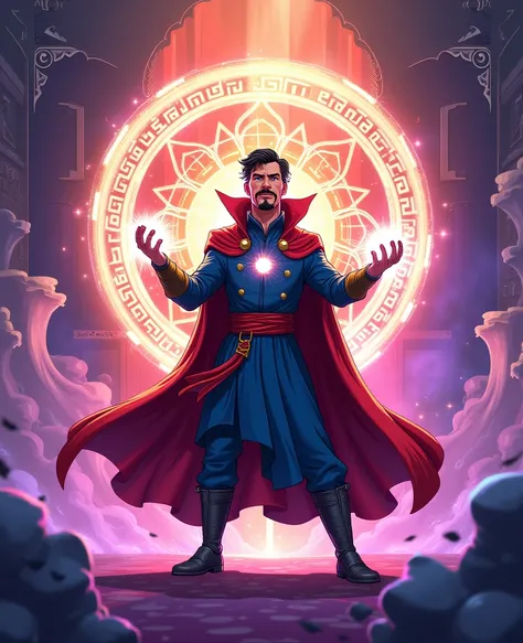 "Doctor Strange cartoon style , EM PE,   performing a powerful spell, surrounded by mystical energy ,  in a stunning and visually captivating scene with vibrant colors and intricate details."