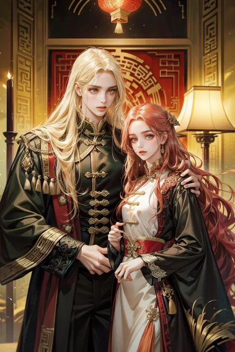  digital art ,1girl and 1man、((The woman has long wavy red hair and long, long green eyes and wears a crimson coat richly decorated with long green eyes))、((The man is slender, has long blond hair, golden eyes, and wears a simple black coat in the ancient ...