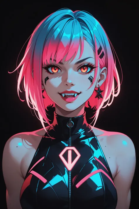 cute anime vampire girl, neon hair, neon fangs, neon lights, neon colors, black dark background, black futuristic style outfit, neon glowing outlines, masterpiece, highest quality,amazing quality,absurdres