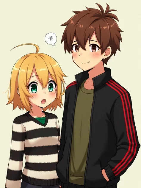 The girl has short blonde hair. She has a sweater with black and white stripes and a green collar. The man has short brown hair. He has a black sports jacket with red stripes on his arms and an army green T-shirt inside. And make them look like Disney char...