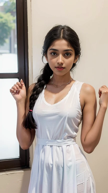 Raw photo , 1 girl, (((cute face))), (((sexy pose))),Wearing white, white shirt , color tie, white shoes, (((dress super tight around chest))) ,sri lanka  school girl, (((ager))),(((both hands up and relaxed))), (((chest high))),with plait , professional p...