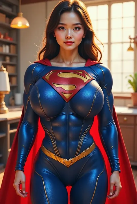 A sexy asian school girl wearing a majestic suit of Kryptonian design, the iconic Superman costume exudes both strength and hope. The bodysuit, crafted from an indestructible alien fabric with a subtle crystalline nano-weave, hugs every contour of the wear...