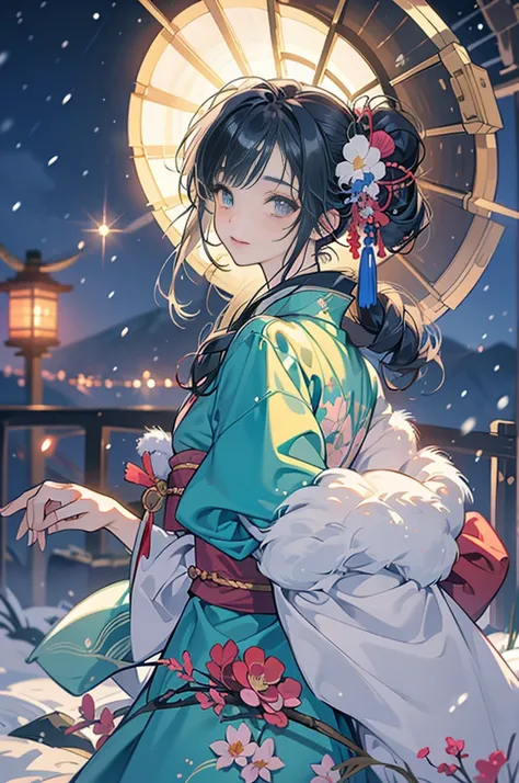  top quality, watercolor,  Colorful Carbon Art , Anime,  masterpiece, Superb illustrations, Soft light,  rimlight, Light glow, (Bokeh:1.2),  girl,  kimono,  Uri, (With a Japanese umbrella:1.1),  look back, Sparkling Snow ,  it's snowing,  hot spring town, ...