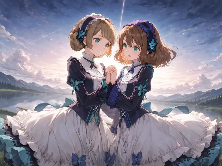 (masterpiece, best quality, ultra-detailed character, high resolution, 8k), 2girls, hortense (sound horizon), violette (sound horizon), sound horizon,, perfect composition,