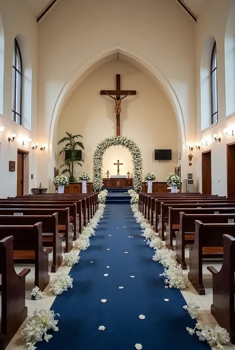  Create an elegant wedding decoration in a simple church with the arch-shaped altar and a large cross in the middle .  The wedding decoration must contain a very dark blue carpet in the middle ,  with colonial lamps and white flower arrangements on the car...