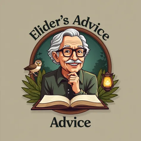 Design a logo for a YouTube channel named 'Elders Advice'. The logo should convey wisdom, experience, and guidance. It features an image of a thoughtful elder with a warm smile, possibly with grey hair, wearing glasses, and exuding a calm, approachable vib...