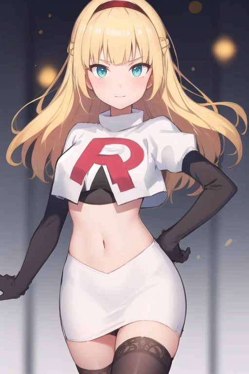 masterpiece, best quality, best quality, (Intricate detailed:1.2), beautiful eyes, 1girl, solo, bokeh, lens flare, anamorphic lens flare, depth of field, seductive face, heanna_sumire, yellow hair, red headband, team rocket,team rocket uniform,white skirt,...